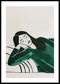A poster depicting a woman in deep rest, wrapped in soft green tones-0