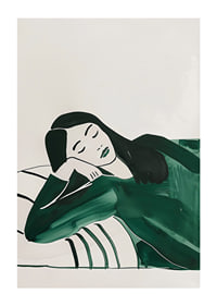 A poster depicting a woman in deep rest, wrapped in soft green tones-1