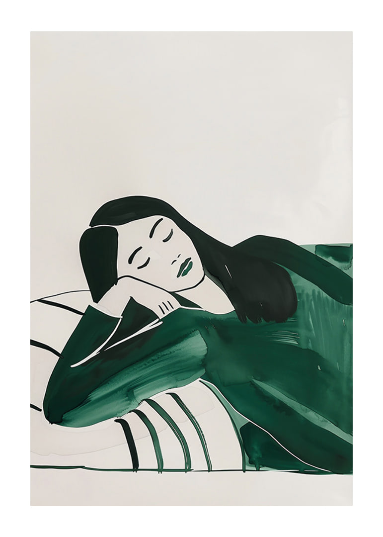 A poster depicting a woman in deep rest, wrapped in soft green tones-12