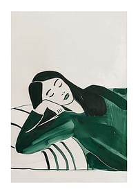 A poster depicting a woman in deep rest, wrapped in soft green tones-1