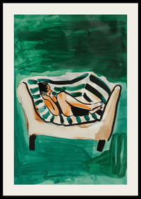 En poster som skildrar en kvinna i total avkoppling på en randig soffa-2