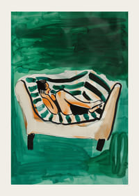 En poster som skildrar en kvinna i total avkoppling på en randig soffa-3