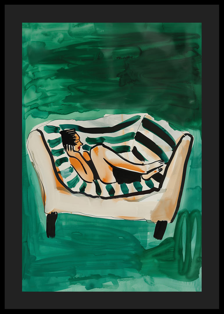 En poster som skildrar en kvinna i total avkoppling på en randig soffa-12