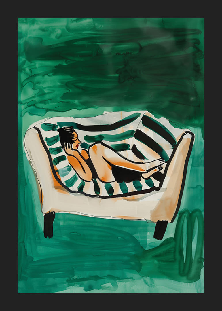 En poster som skildrar en kvinna i total avkoppling på en randig soffa-12