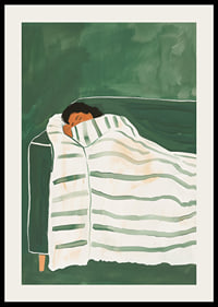 A poster depicting a person wrapped in a striped blanket, resting peacefully on a green sofa-2
