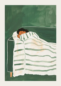 A poster depicting a person wrapped in a striped blanket, resting peacefully on a green sofa-3