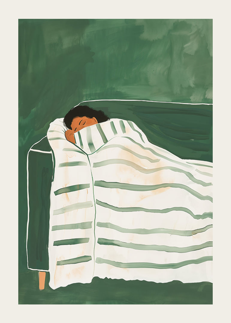 A poster depicting a person wrapped in a striped blanket, resting peacefully on a green sofa-12