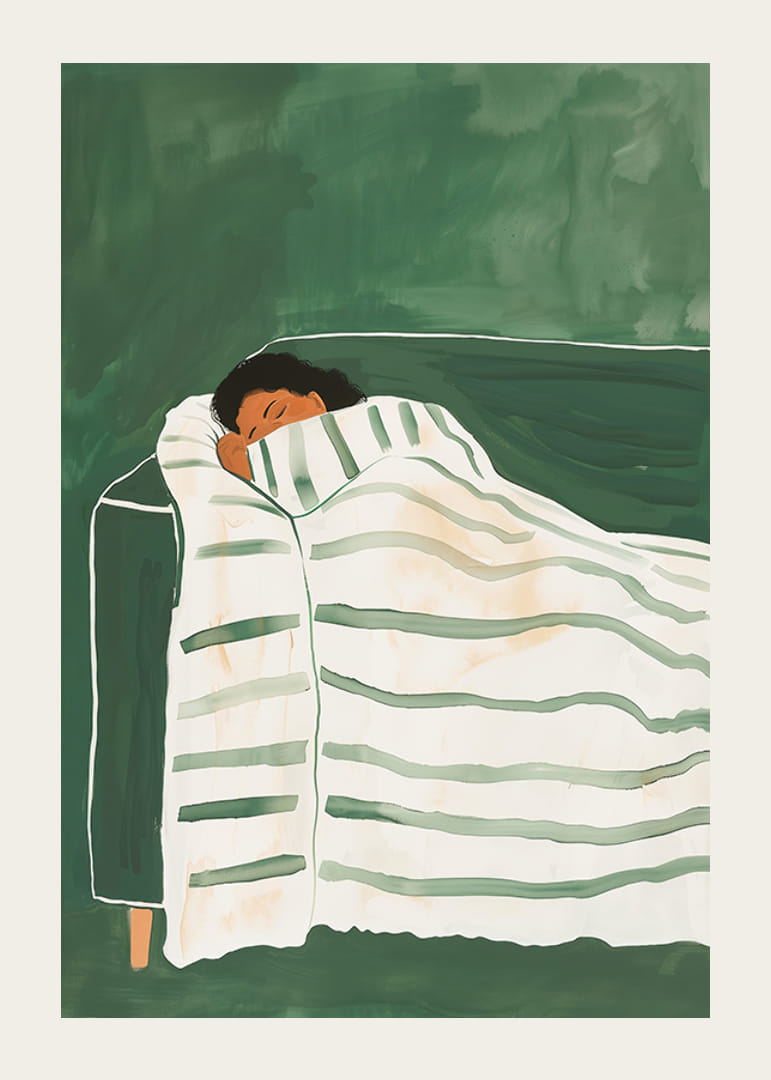 En poster som skildrar en person insvept i en randig filt, vilandes fridfullt på en grön soffa-12