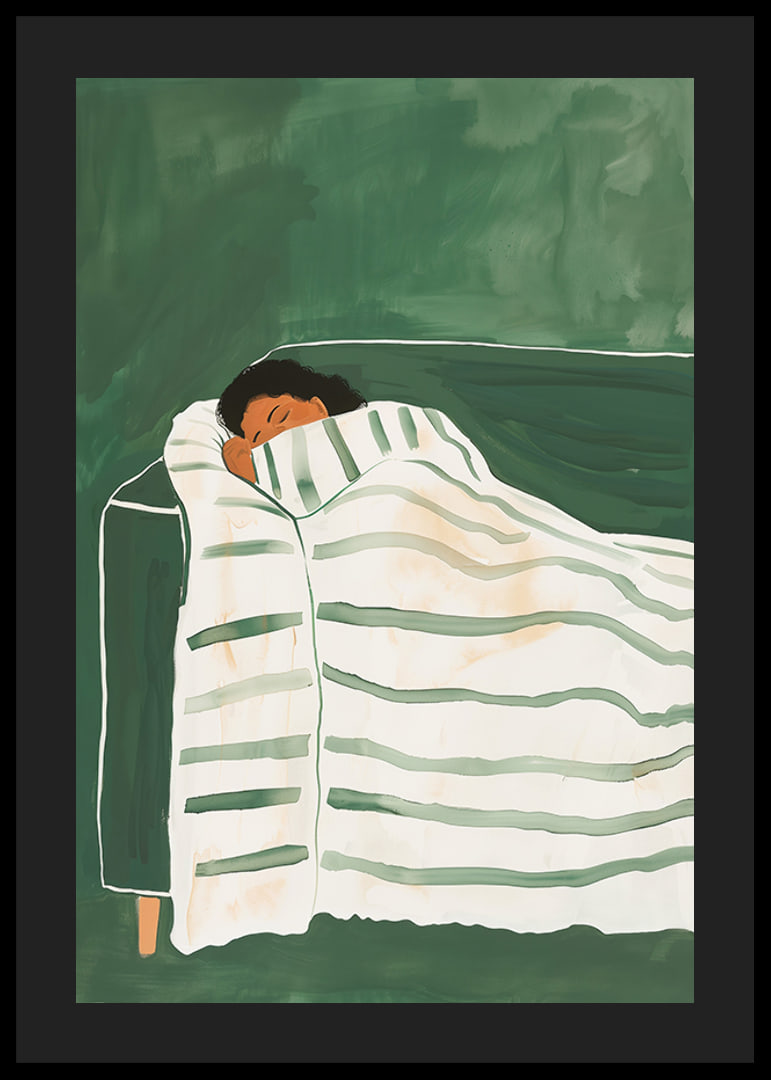 A poster depicting a person wrapped in a striped blanket, resting peacefully on a green sofa-12