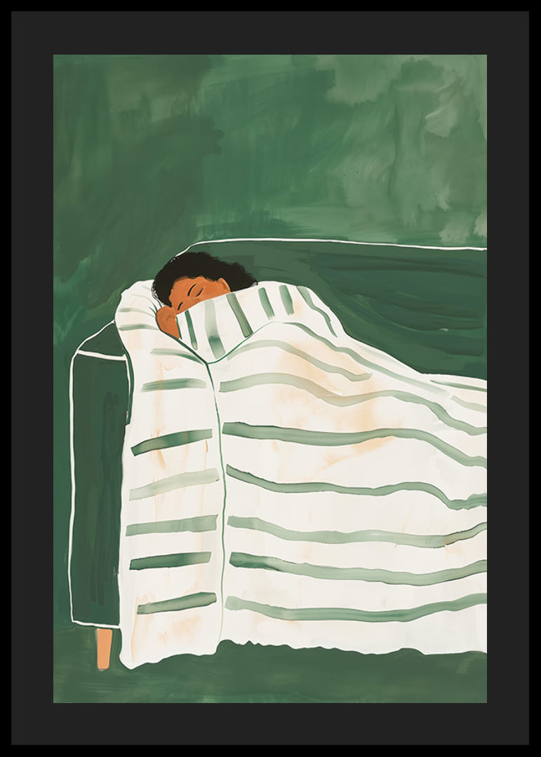 En poster som skildrar en person insvept i en randig filt, vilandes fridfullt på en grön soffa-12