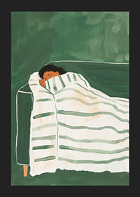 A poster depicting a person wrapped in a striped blanket, resting peacefully on a green sofa-5