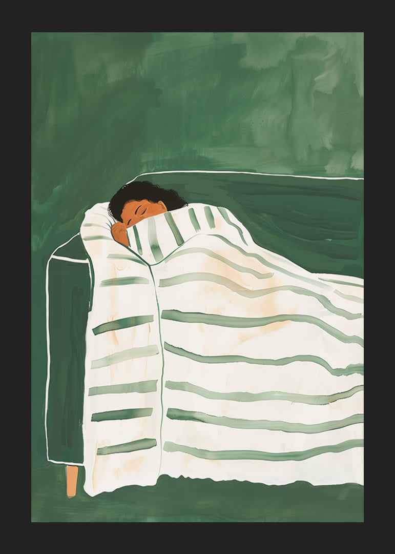 A poster depicting a person wrapped in a striped blanket, resting peacefully on a green sofa-12