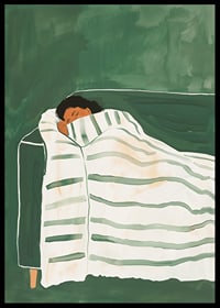 A poster depicting a person wrapped in a striped blanket, resting peacefully on a green sofa-6