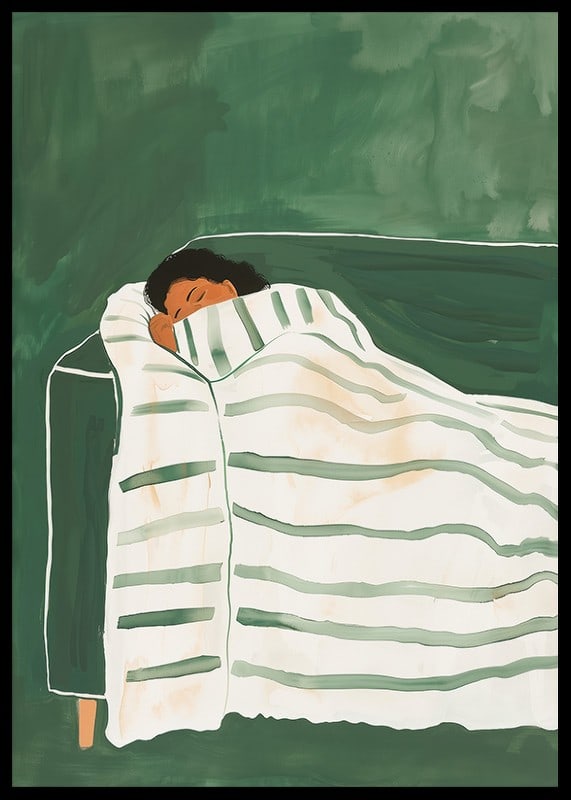 A poster depicting a person wrapped in a striped blanket, resting peacefully on a green sofa-12