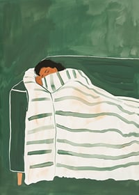 A poster depicting a person wrapped in a striped blanket, resting peacefully on a green sofa-7