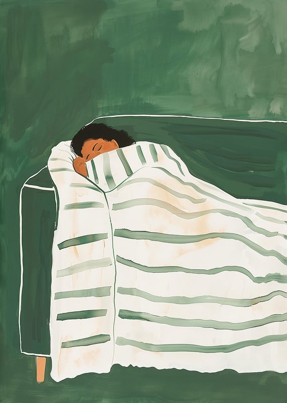 A poster depicting a person wrapped in a striped blanket, resting peacefully on a green sofa-12