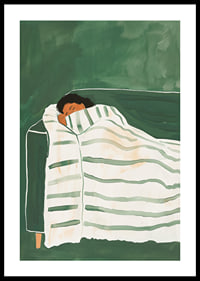 A poster depicting a person wrapped in a striped blanket, resting peacefully on a green sofa-0