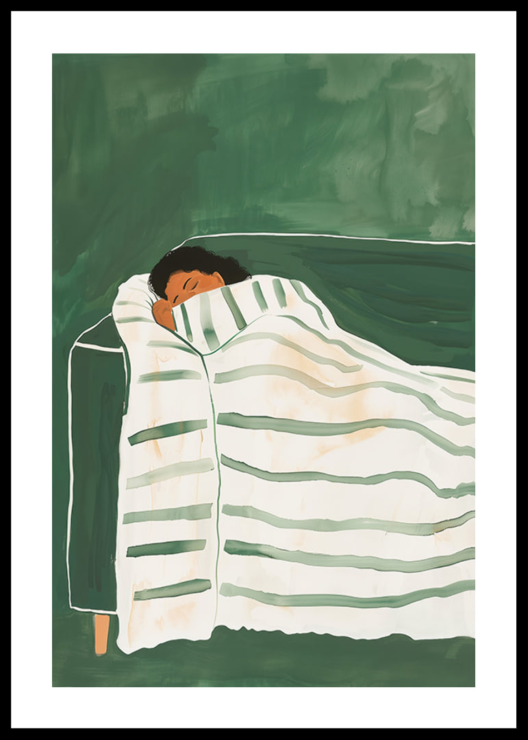 A poster depicting a person wrapped in a striped blanket, resting peacefully on a green sofa-12