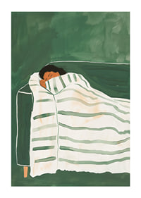 A poster depicting a person wrapped in a striped blanket, resting peacefully on a green sofa-1