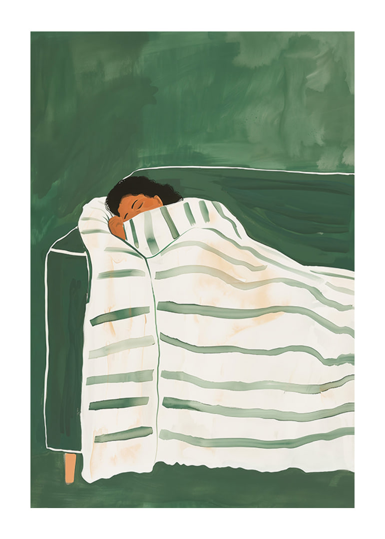 A poster depicting a person wrapped in a striped blanket, resting peacefully on a green sofa-12