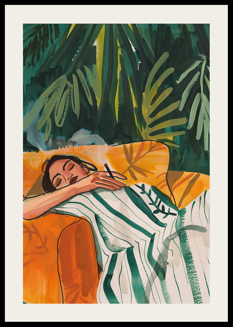 A poster depicting a woman in total relaxation, resting in a golden armchair-12