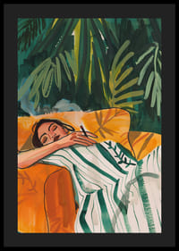 A poster depicting a woman in total relaxation, resting in a golden armchair-4