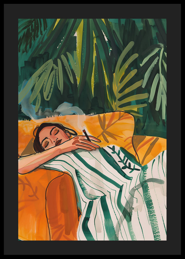 A poster depicting a woman in total relaxation, resting in a golden armchair-12