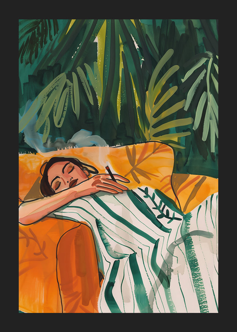 A poster depicting a woman in total relaxation, resting in a golden armchair-12