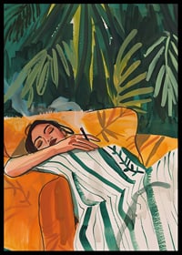A poster depicting a woman in total relaxation, resting in a golden armchair-6