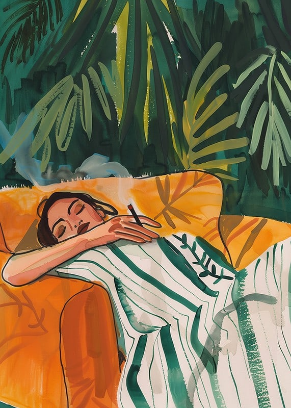 A poster depicting a woman in total relaxation, resting in a golden armchair-12