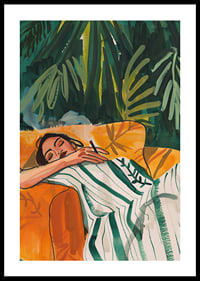 A poster depicting a woman in total relaxation, resting in a golden armchair-0