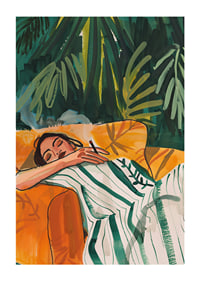 A poster depicting a woman in total relaxation, resting in a golden armchair-1