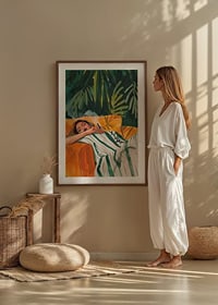 A poster depicting a woman in total relaxation, resting in a golden armchair-8