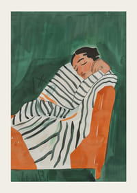 Un afiș înfățișând o persoană înfășurată într-o pătură în dungi, odihnită într-un fotoliu portocaliu-3