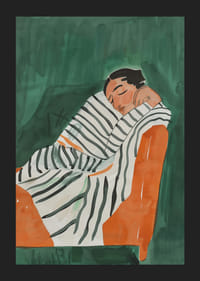 Un afiș înfățișând o persoană înfășurată într-o pătură în dungi, odihnită într-un fotoliu portocaliu-5