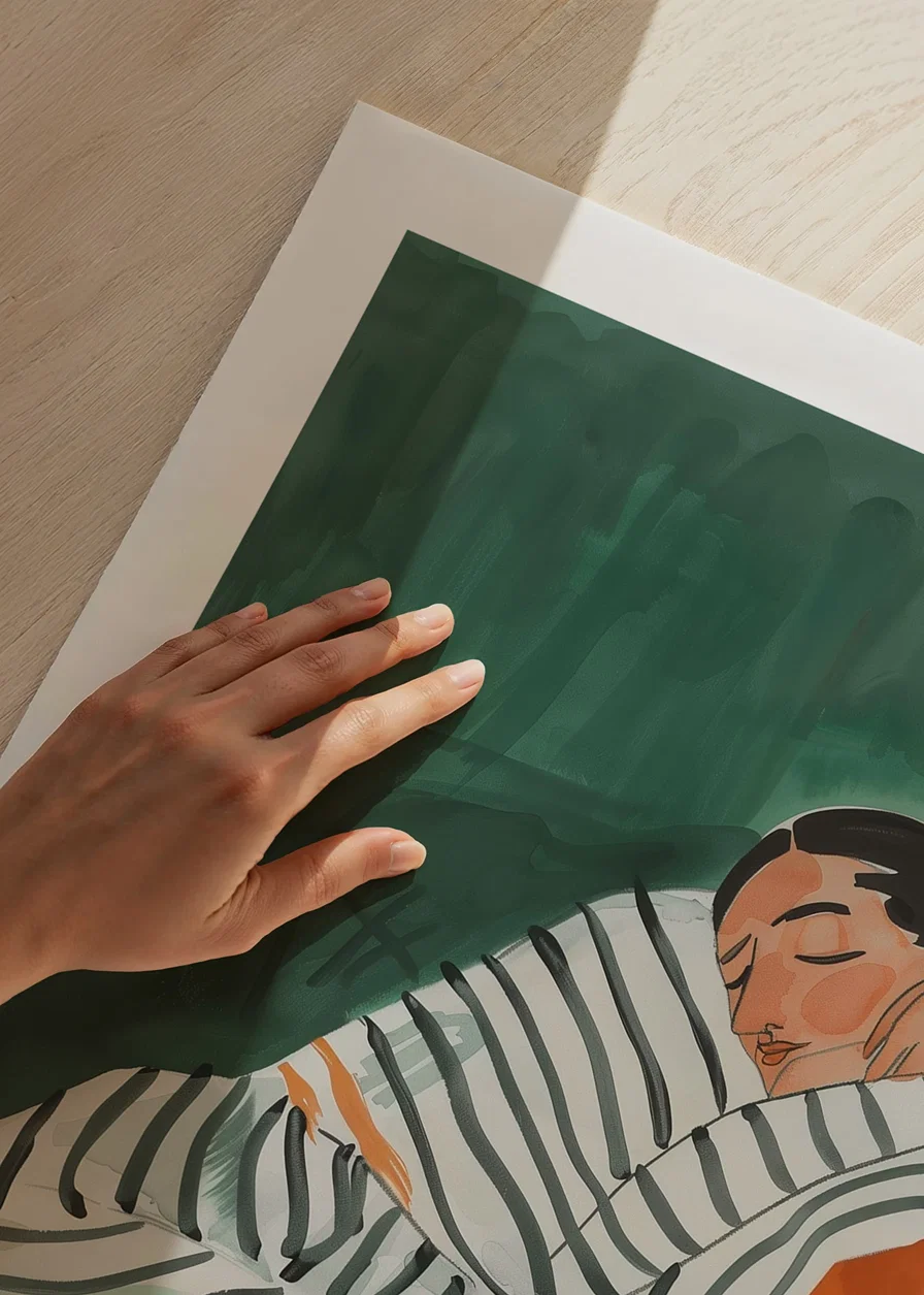 En poster som skildrar en person insvept i en randig filt, vilandes i en orange fåtölj-12
