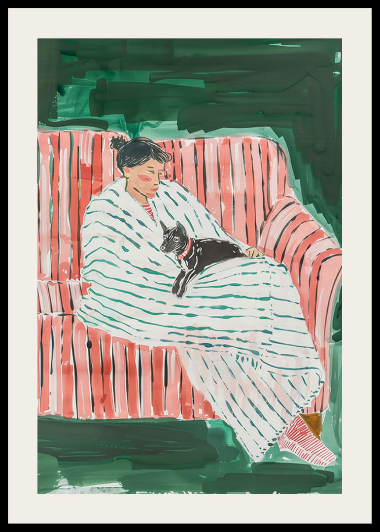 En poster som skildrar en kvinna och hennes katt vilandes tillsammans-12