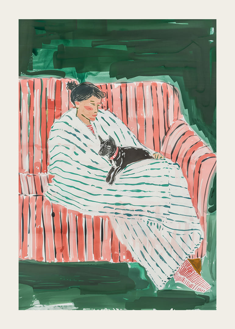 En poster som skildrar en kvinna och hennes katt vilandes tillsammans-12