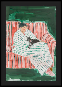 En poster som skildrar en kvinna och hennes katt vilandes tillsammans-4