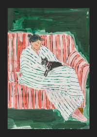 En poster som skildrar en kvinna och hennes katt vilandes tillsammans-5