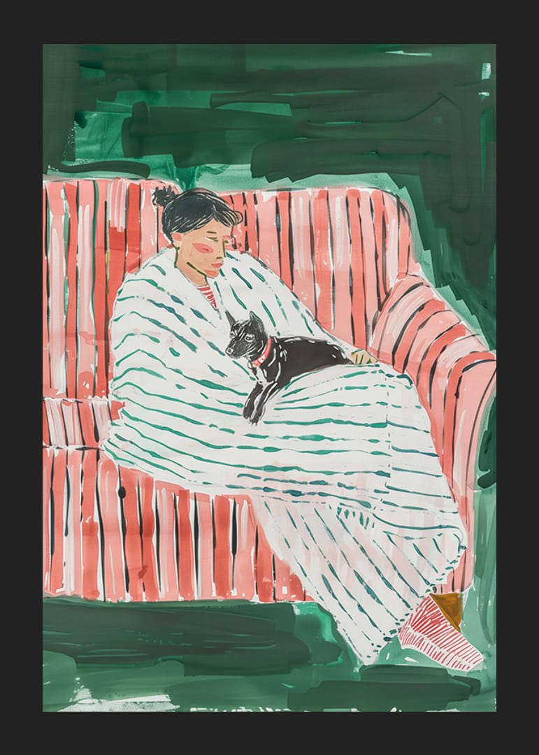 En poster som skildrar en kvinna och hennes katt vilandes tillsammans-12