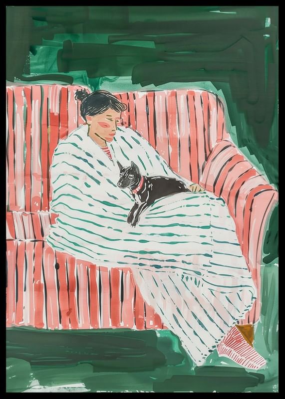 Une affiche représentant une femme et son chat se reposant ensemble-12