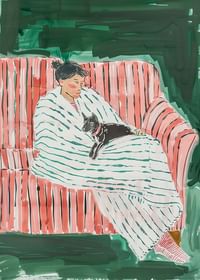Une affiche représentant une femme et son chat se reposant ensemble-3