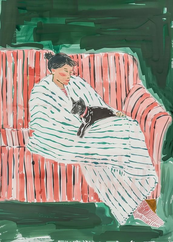 Une affiche représentant une femme et son chat se reposant ensemble-12