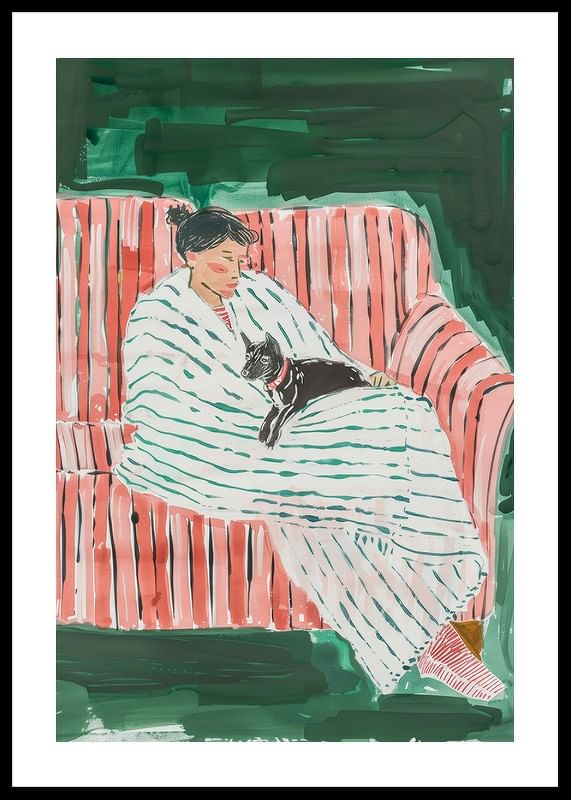 Une affiche représentant une femme et son chat se reposant ensemble-12
