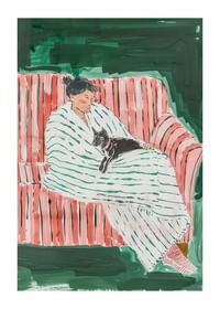 Une affiche représentant une femme et son chat se reposant ensemble-1