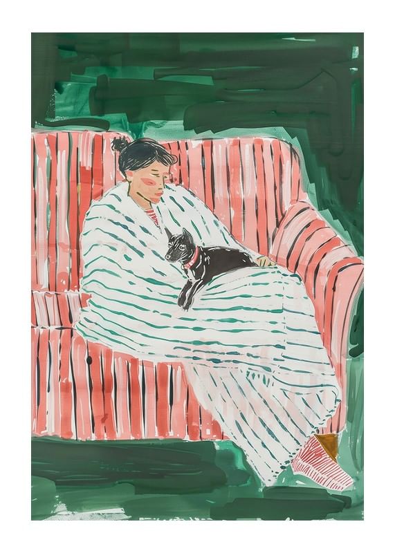 Une affiche représentant une femme et son chat se reposant ensemble-12