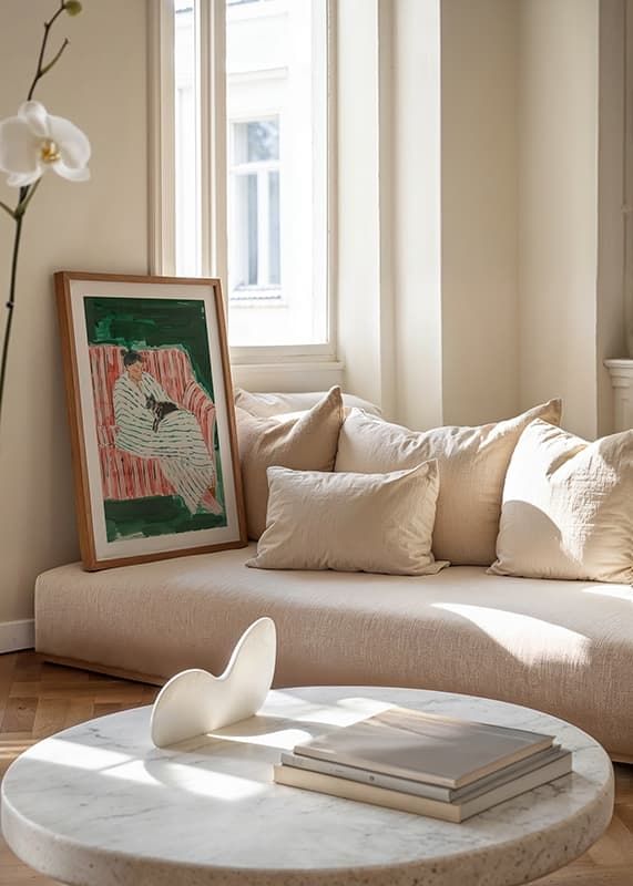 Une affiche représentant une femme et son chat se reposant ensemble-12