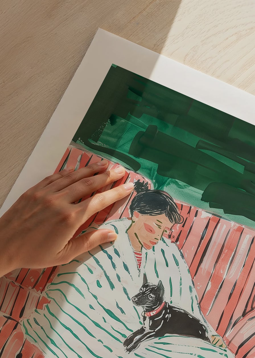 En poster som skildrar en kvinna och hennes katt vilandes tillsammans-12