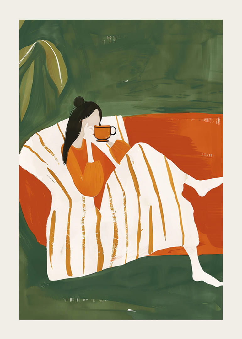 Egy pokát, amely egy nőt ábrázol pokrócba burkolva, amint egy forró csészét élvez a karosszékben-12